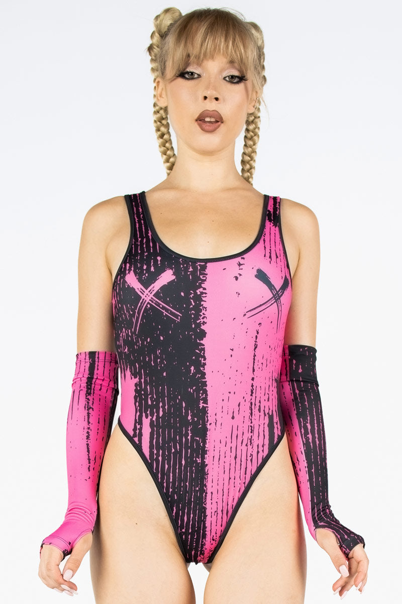 Pink and Black Gemini Thong Bodysuit Front View