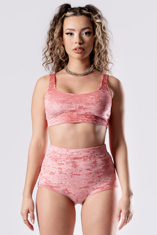 Rave Outfit Pink Champagne Bra Crop Top Pink Velvet Close View