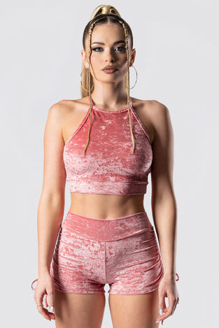Rave Outfit Pink Champagne Crop Top Pink Velvet Close View