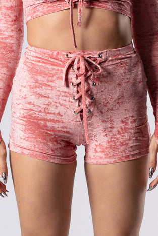 Rave Outfit Pink Champagne Lace Up Shorts Pink Velvet Close Front View