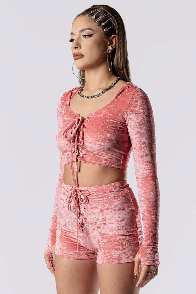 pink-champagne-lace-up-shorts-pink-velvet-side-view
