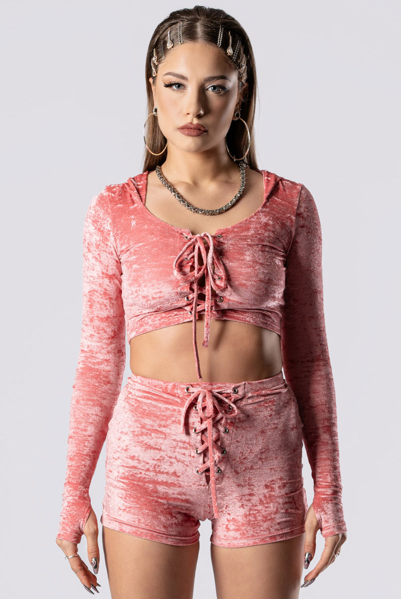 pink-champagne-lace-up-shorts-set-pink-velvet-close-view