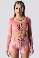 Rave Outfit Pink Champagne Long Sleeve Lace Up Crop Top Pink Velvet Close View