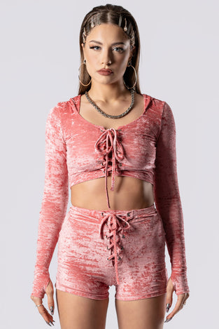 Rave Outfit Pink Champagne Long Sleeve Lace Up Crop Top Pink Velvet Close View