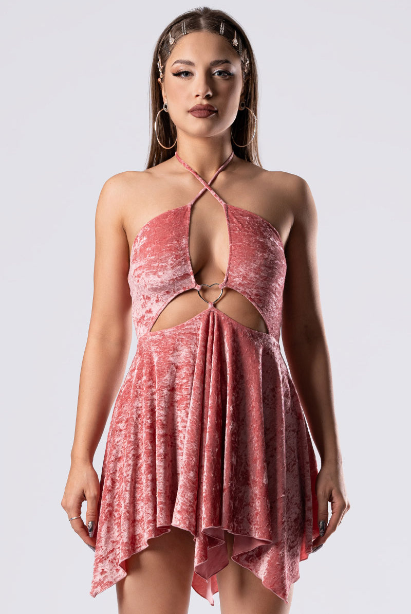 Pink Champagne Velvet Cut Out Handkerchief Dress