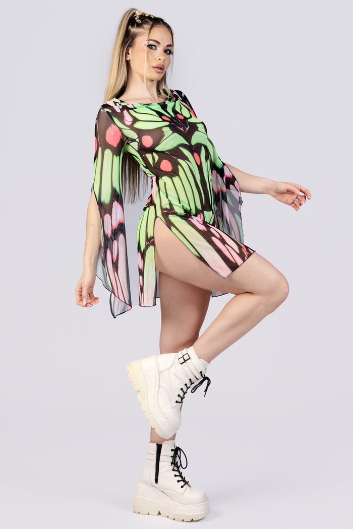 Rave Outfit Pink Forester Mesh Slit Mini Dress Full View