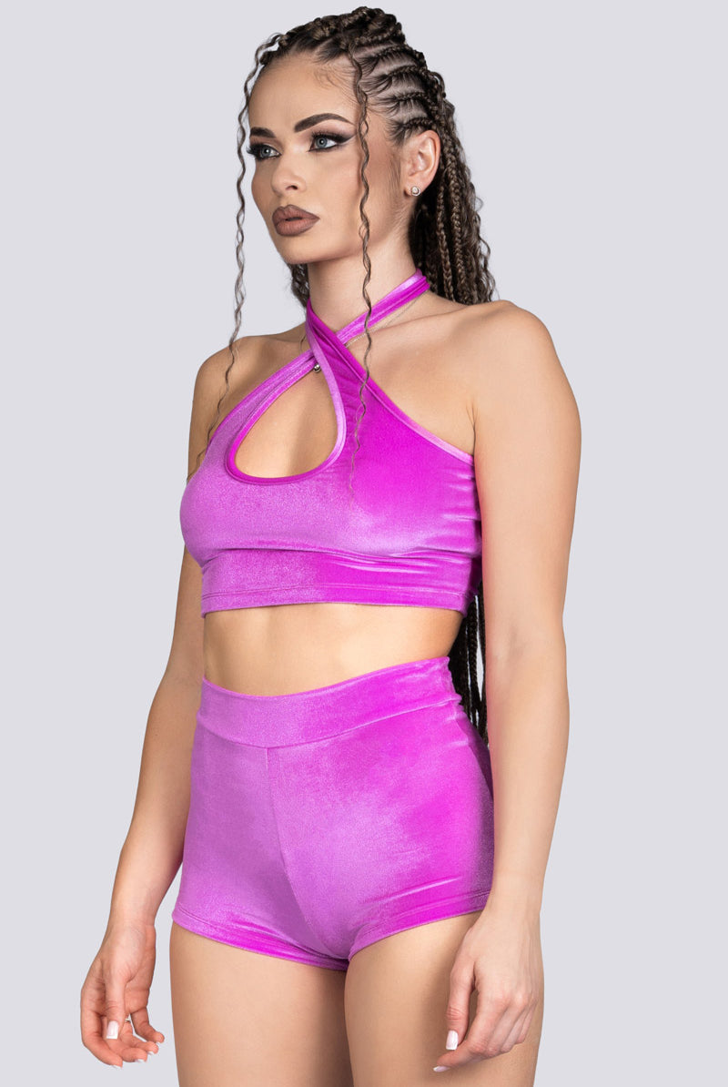 Pink Orchid Velvet Criss Cross Halter Top - Pole Wear