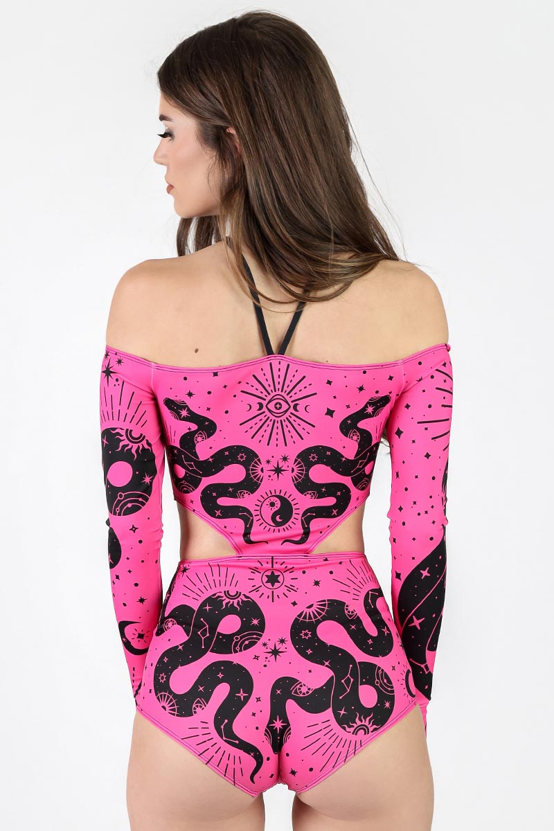 Pink Venom Off-Shoulder Cutout Bodysuit Back View