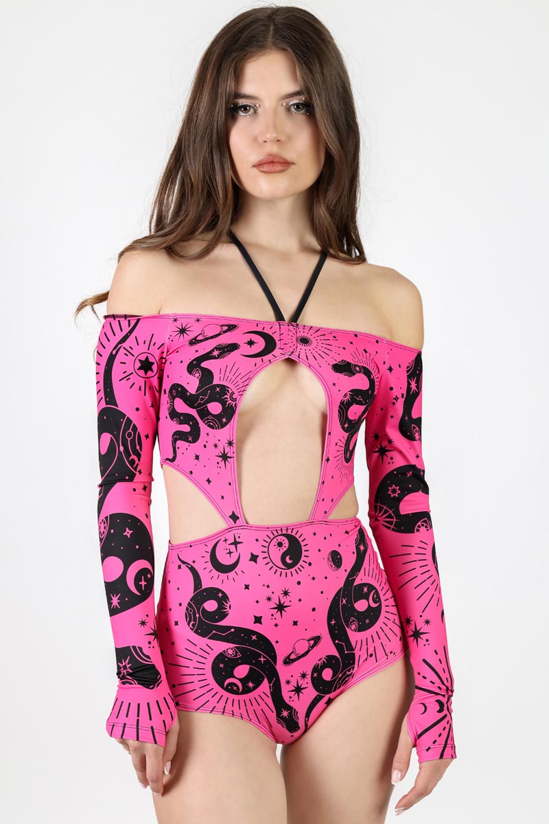 Pink Venom Off-Shoulder Cutout Bodysuit Front View