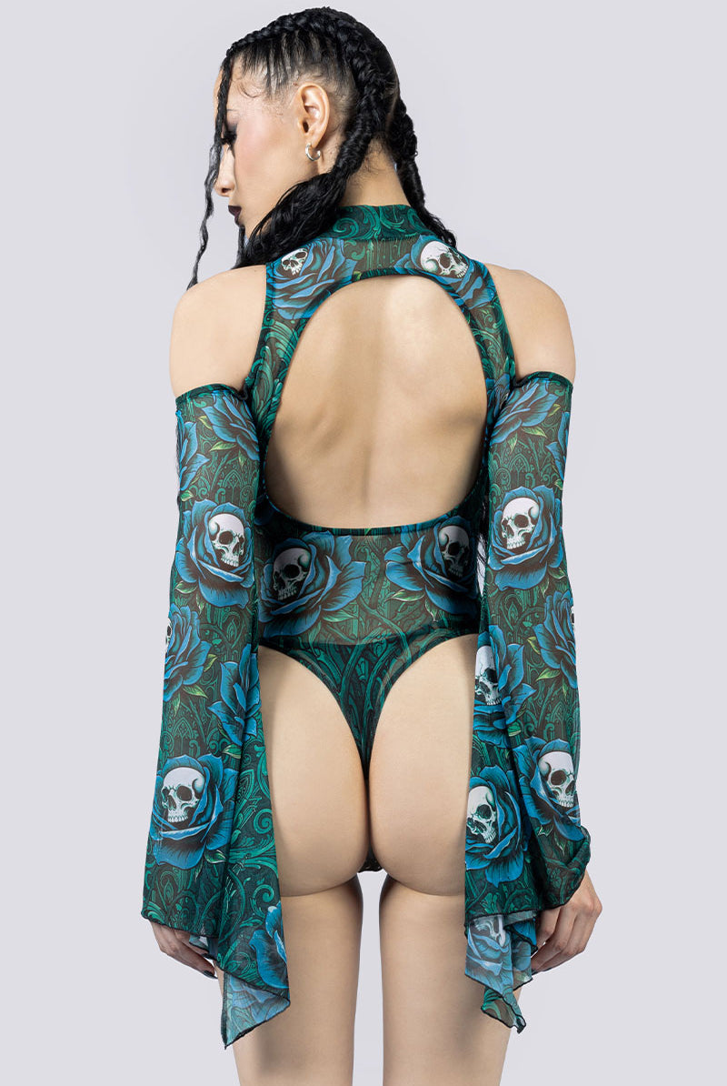 Poison Roses Sheer Cold Sholder Bodysuit Close Up Back Goth Fashion