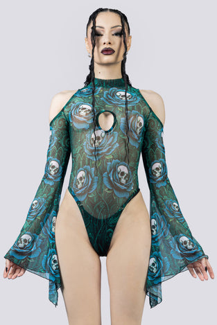 Poison Roses Sheer Cold Sholder Bodysuit Close Up Goth Clothing