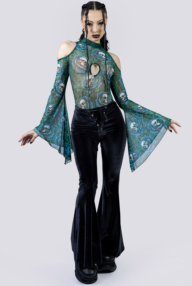 Poison Roses Sheer Cold Sholder Bodysuit Pants Front Gothic Clothes