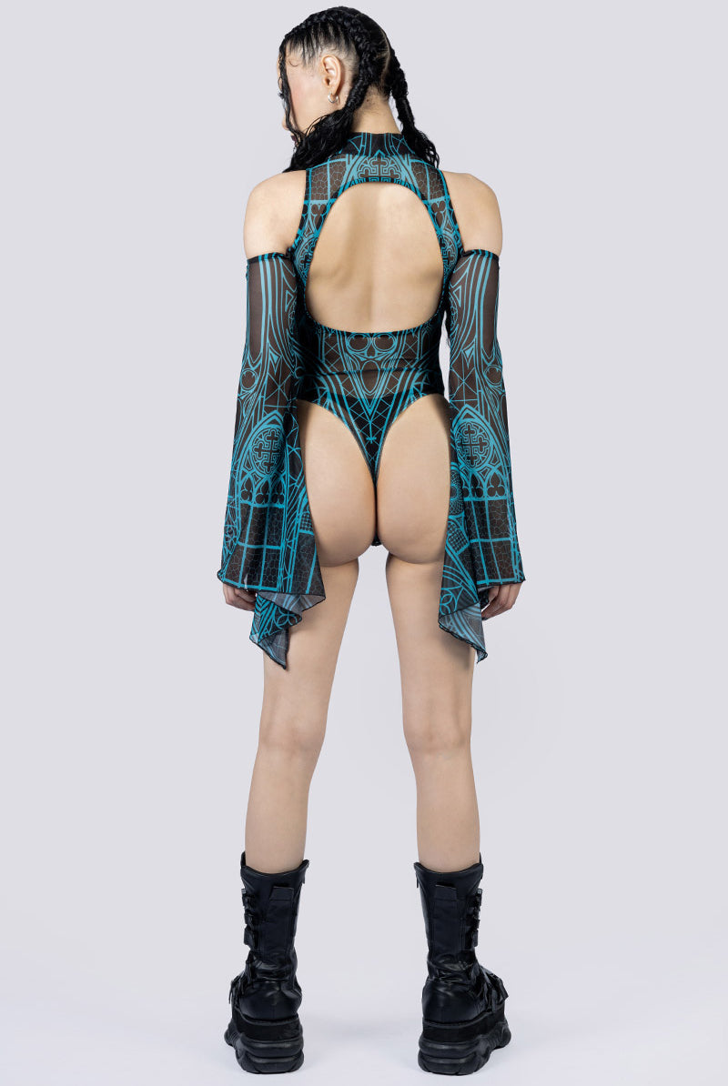 Prayer Sheer Cold Sholder Bodysuit Back Goth Fashion