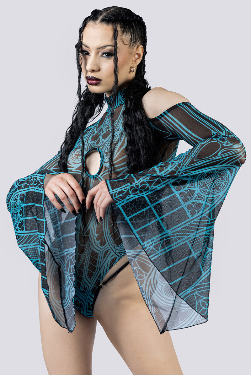 Prayer Sheer Cold Sholder Bodysuit Close Up Goth Clothing