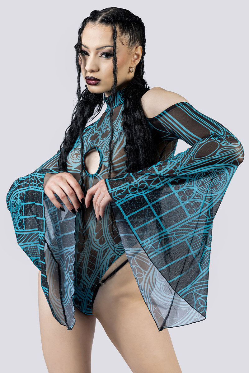 Prayer Sheer Cold Sholder Bodysuit Close Up Goth Clothing