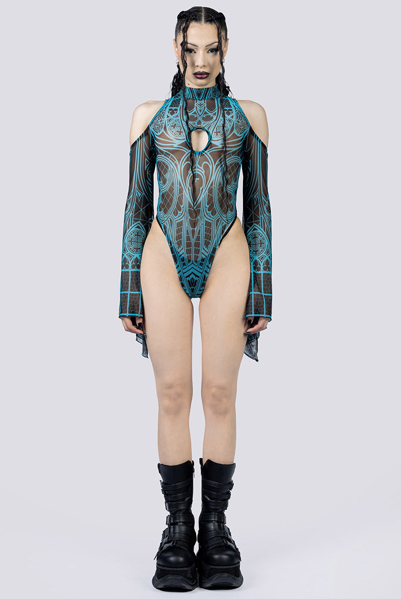 Prayer Sheer Cold Sholder Bodysuit Front Gothic Clothing