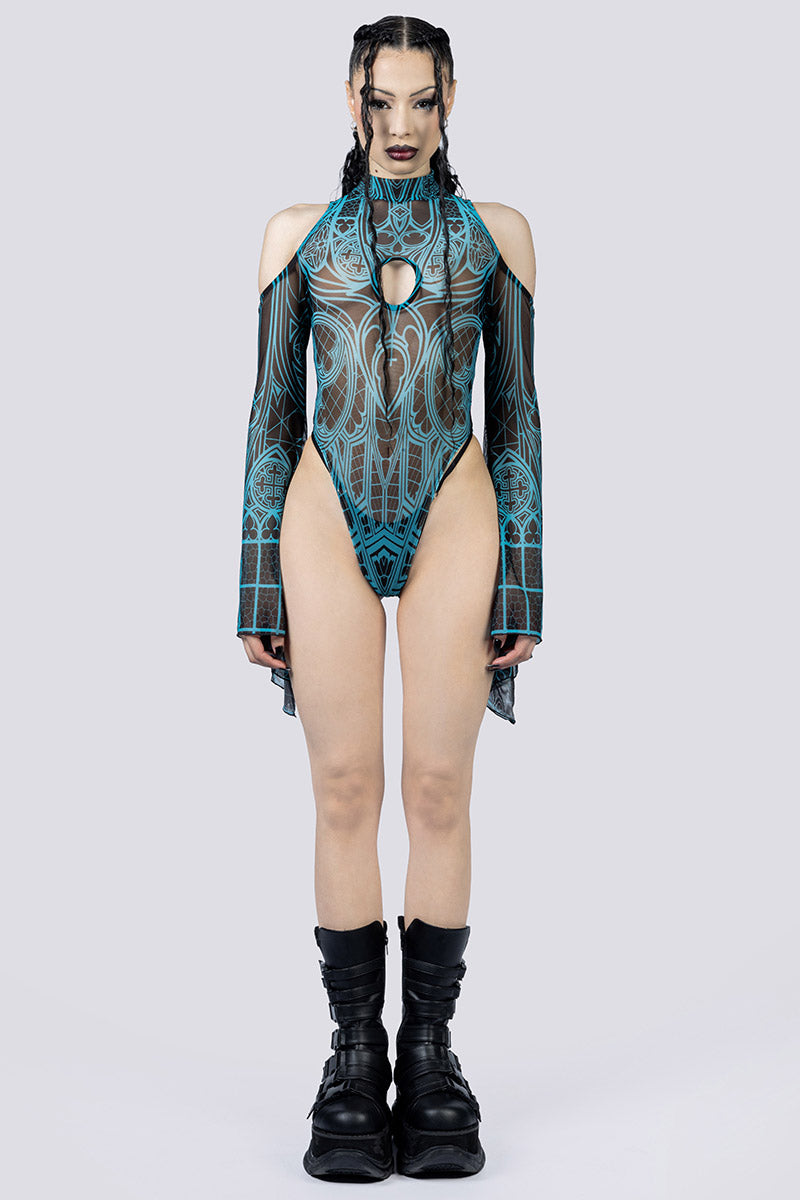 Prayer Sheer Cold Sholder Bodysuit Front Gothic Clothing