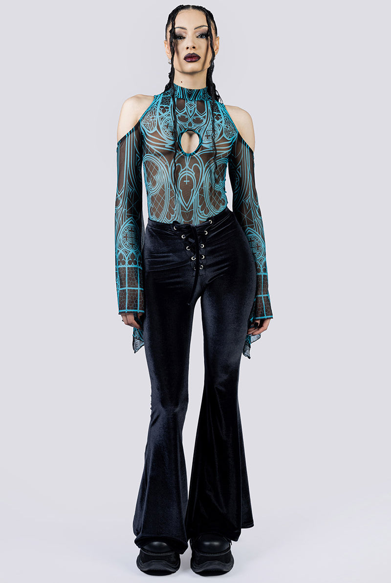 Prayer Sheer Cold Sholder Bodysuit Pants Front Edgy Style