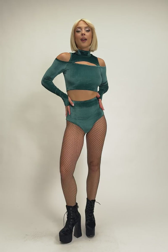 Abyssal Jade Scrunched Shorts Set - Green Velvet Pole Dance Outfit