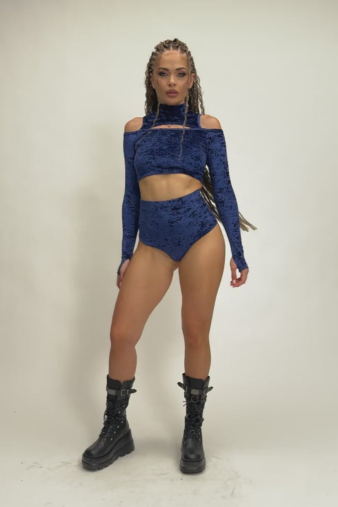 Cosmic Indigo Scrunched Shorts Set - Blue Velvet Pole Dance Outfit