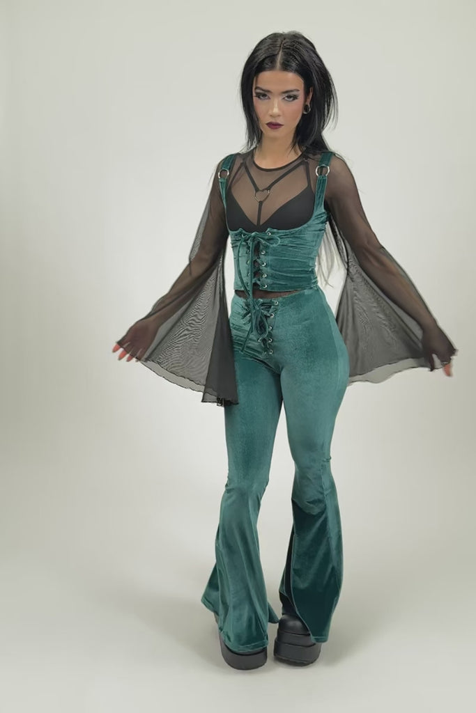 Abyssal Jade Lace Up Flare Pants - Green Velvet | Devil Walking