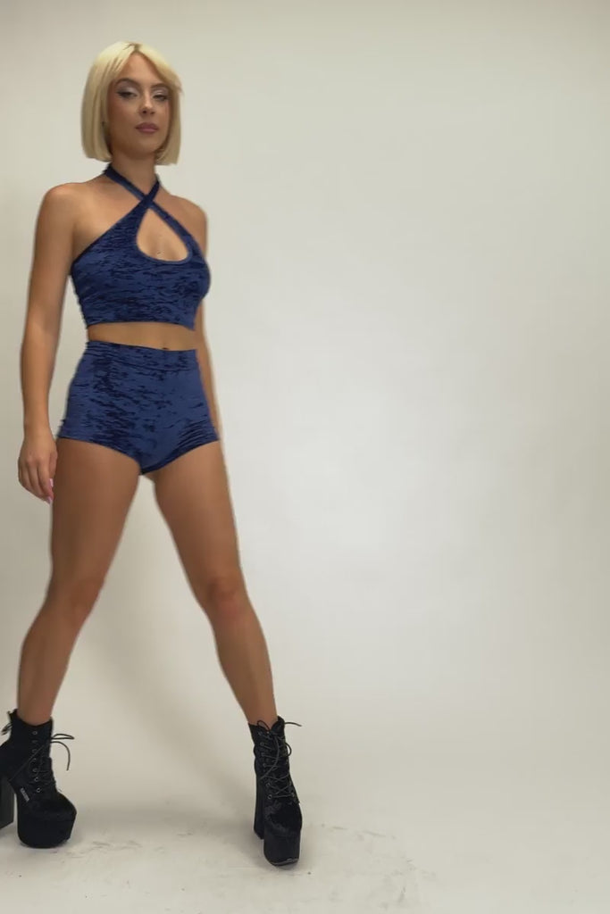 Cosmic Indigo High Rise Booty Shorts Set - Blue Velvet Pole Dance Outfit