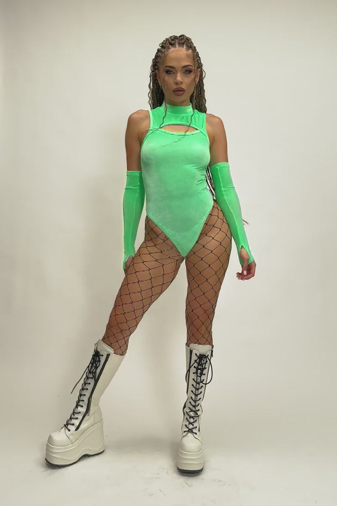 Minty Fresh High-Neck Keyhole Bodysuit - Green Velvet Velvet Outfit