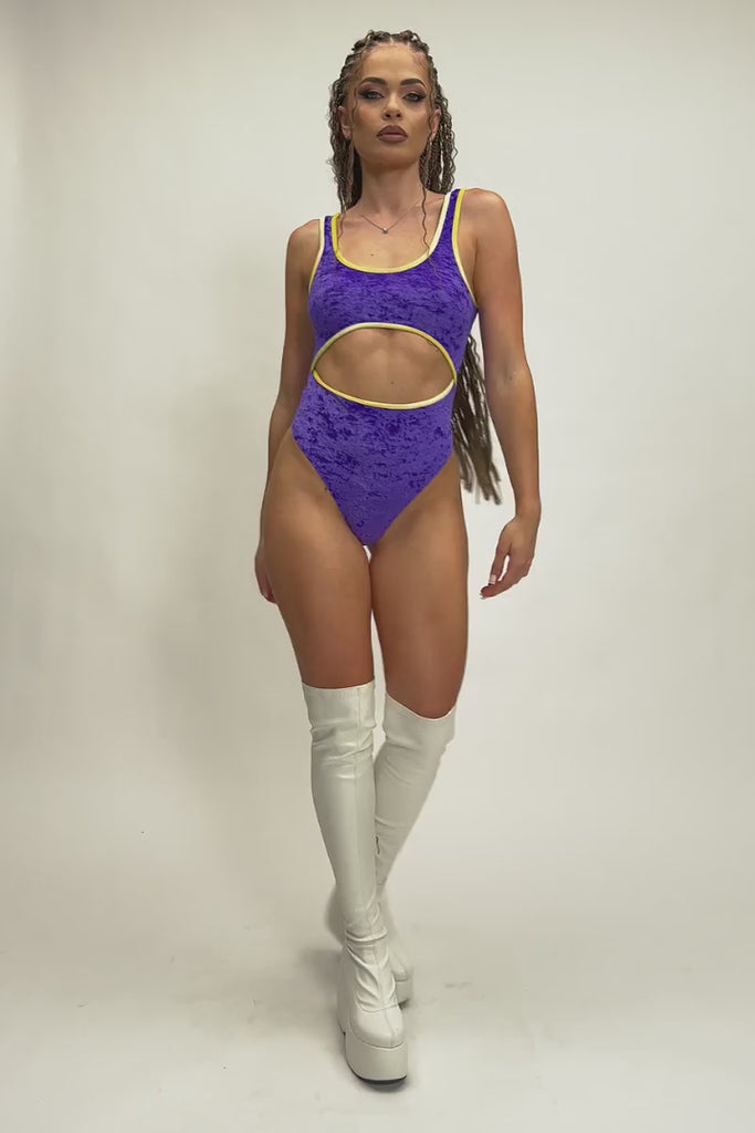 Violet Crush Cut Out Thong Bodysuit - Purple Velvet Pole Dance Outfit