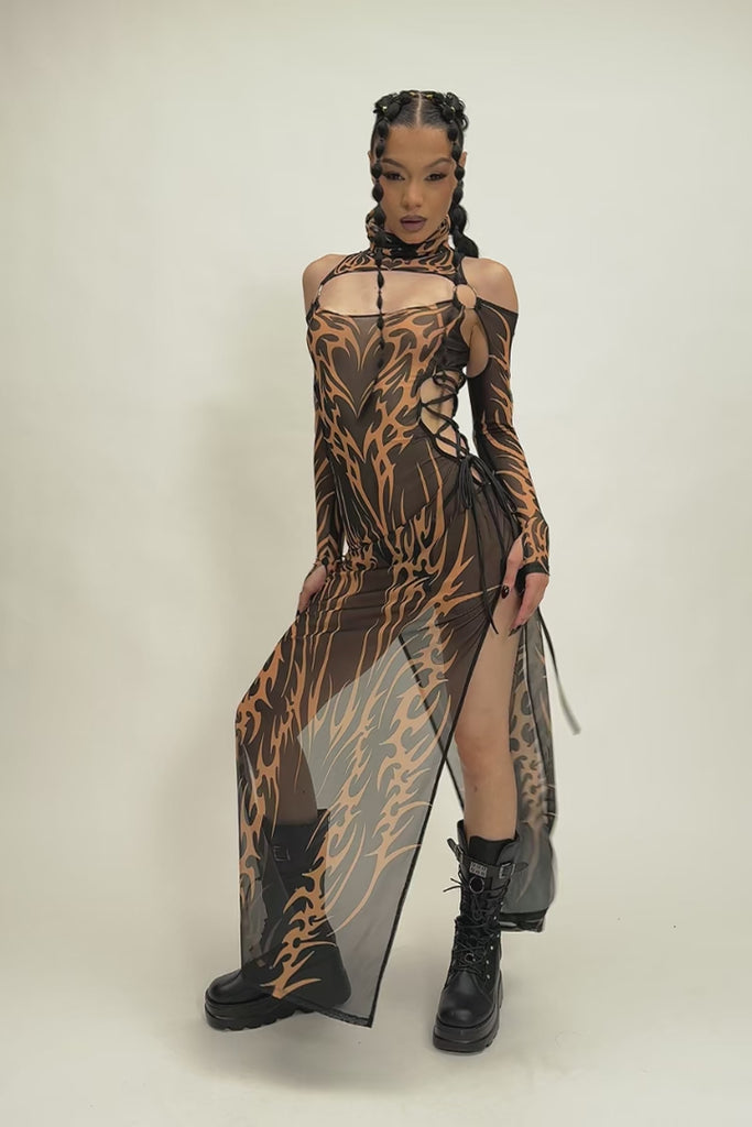 Black Sandstorm Lace Up Maxi Mesh Dress Rave Clothing