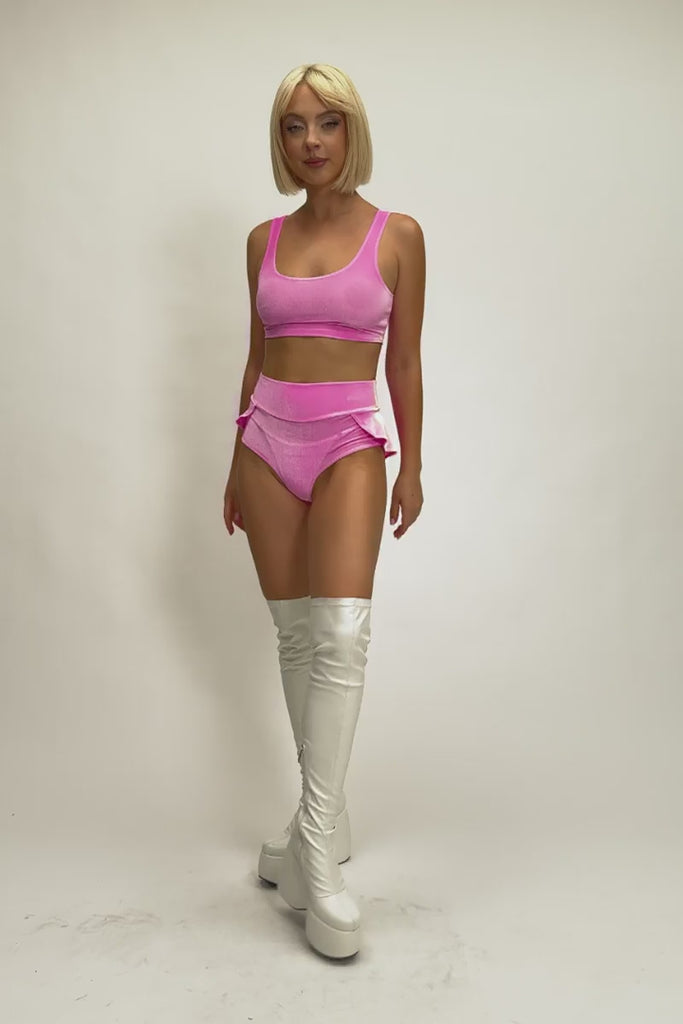 Babydoll Ruffle Booty Shorts Set - Pink Velvet Pole Dance Outfit