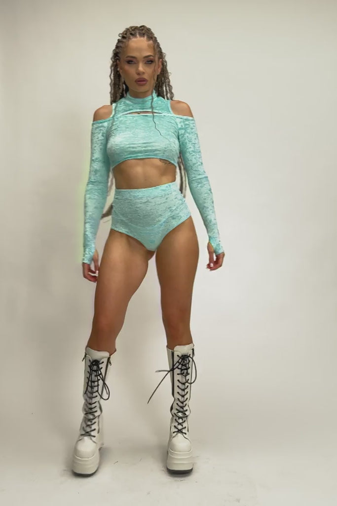 Daydream Scrunched Shorts - Light Blue Velvet Pole Dance Outfit