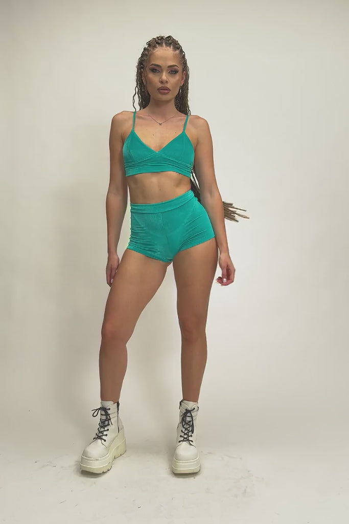 Teal Crush High Rise Booty Shorts Set - Green Velvet Velvet Outfit