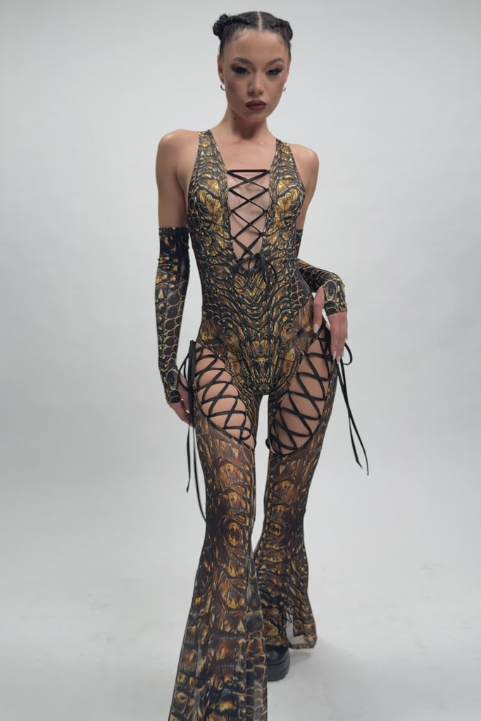 Alligator Ribbon Cut Out Jumpsuit Rave Halloween Style