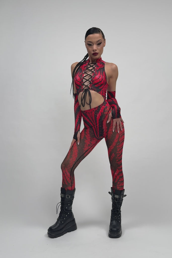 Blood Viper Lace Cut Out Catsuit Rave Halloween Costume Women