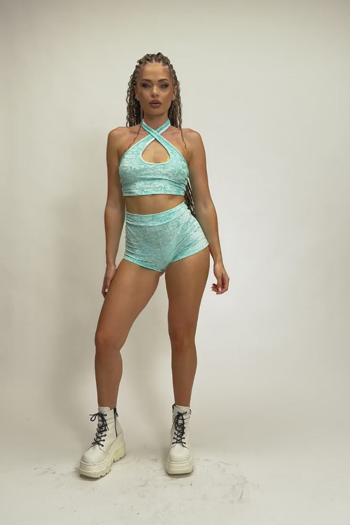 Daydream High Rise Booty Shorts Set - Light Blue Velvet Pole Dance Outfit