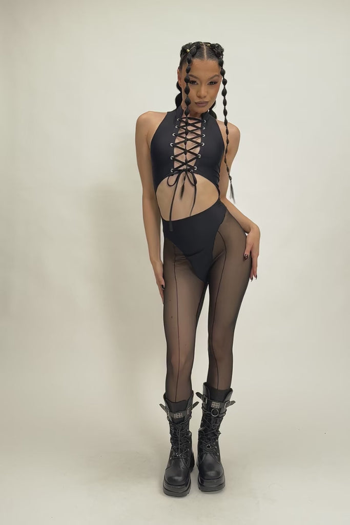 Black Lace Cut Out Catsuit Rave Clothing