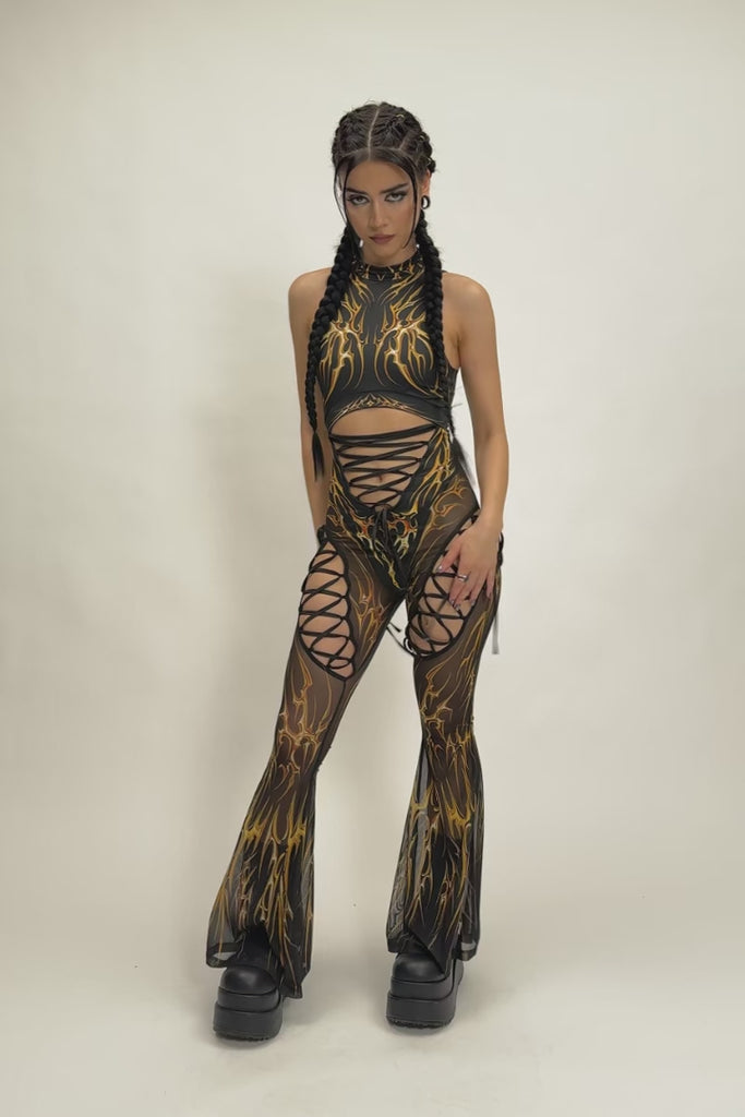 Black Gold Ribbon Cut Out Jumpsuit Rave Clothing