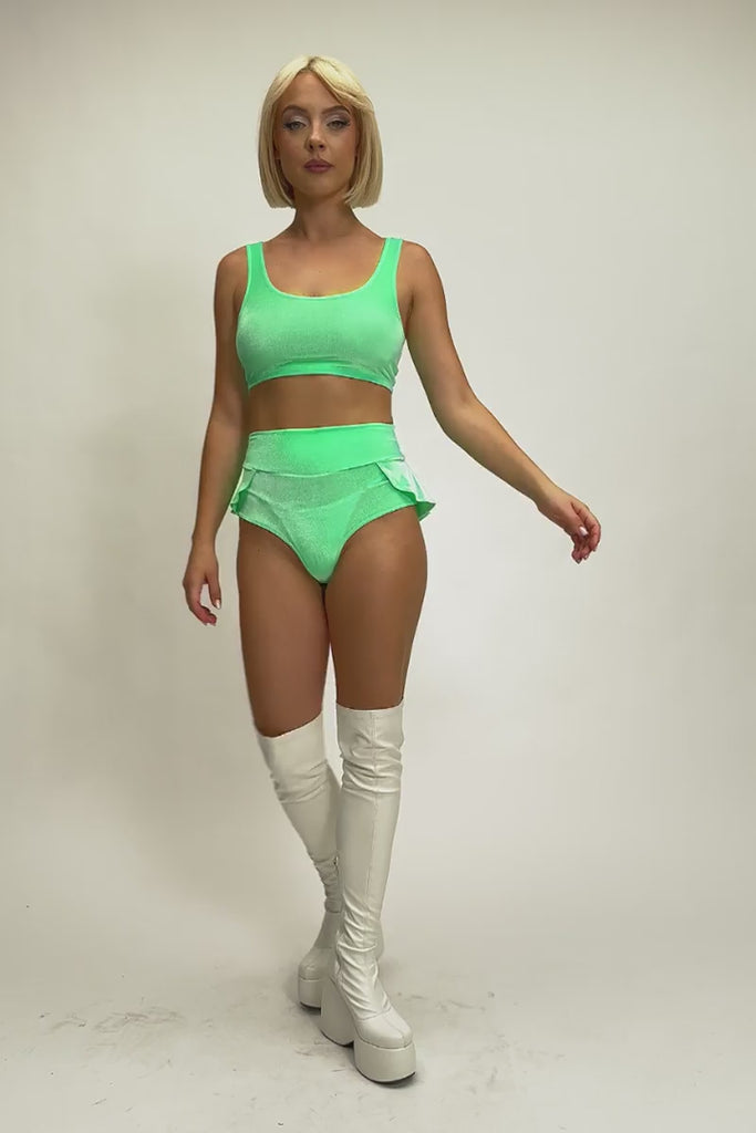 Minty Fresh Ruffle Booty Shorts Set - Green Velvet Pole Dance Outfit