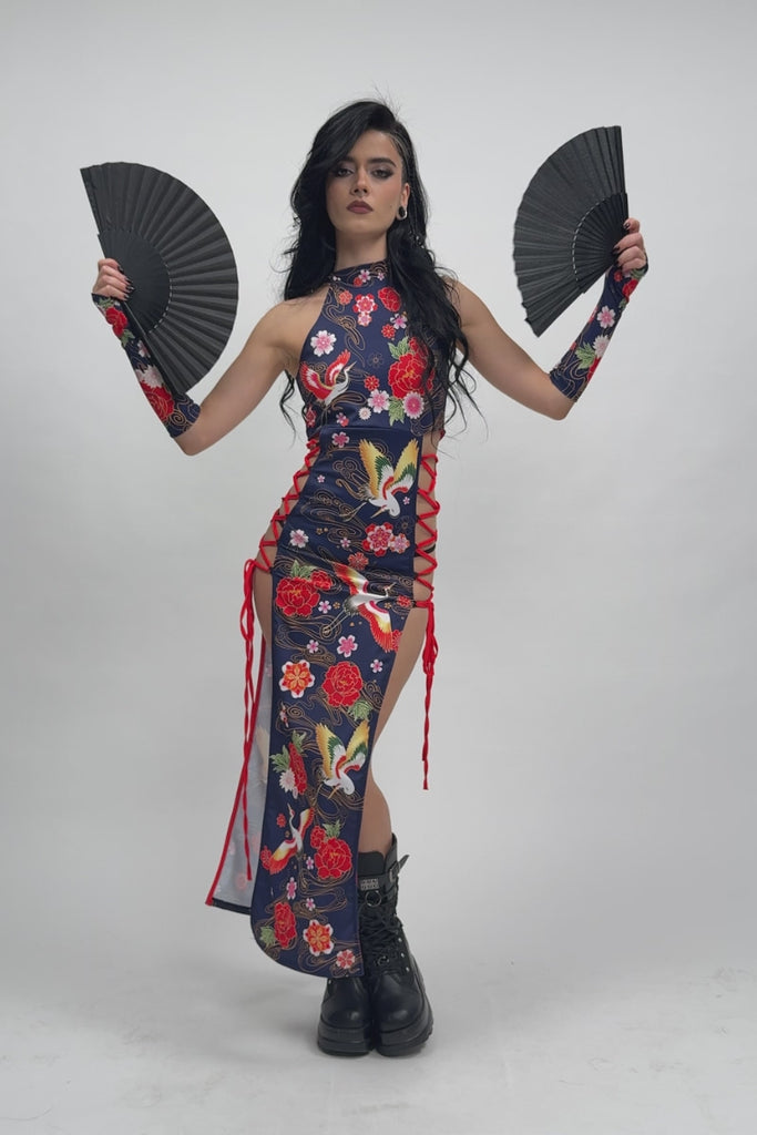 Crane Dance Side Lace Up Maxi Dress Halloween Wear