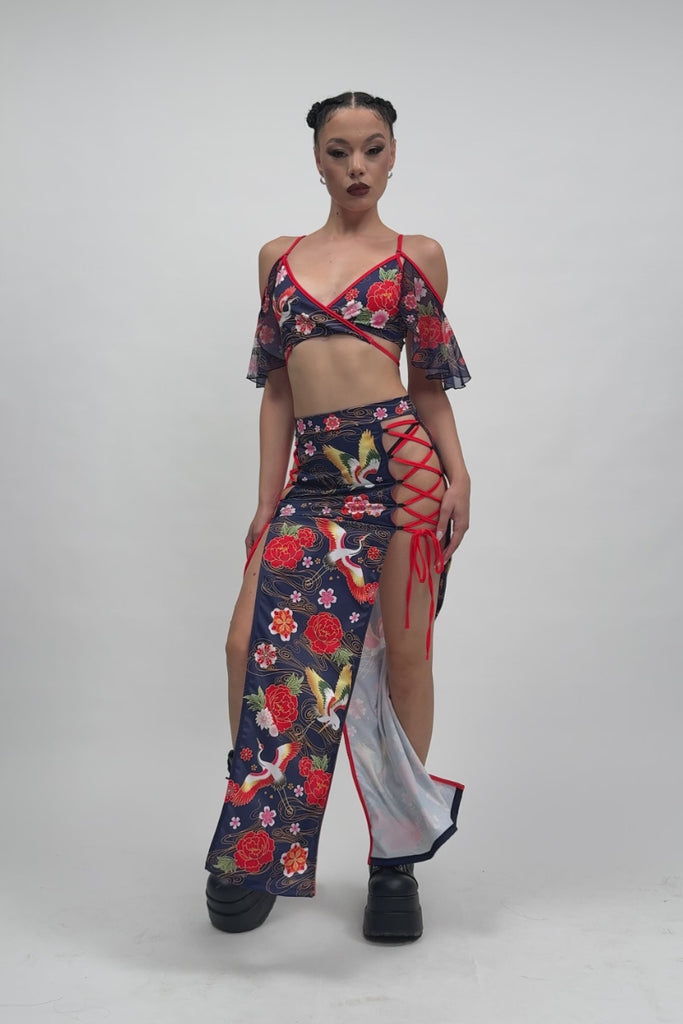 Crane Dance High Slit Maxi Skirt Halloween Style