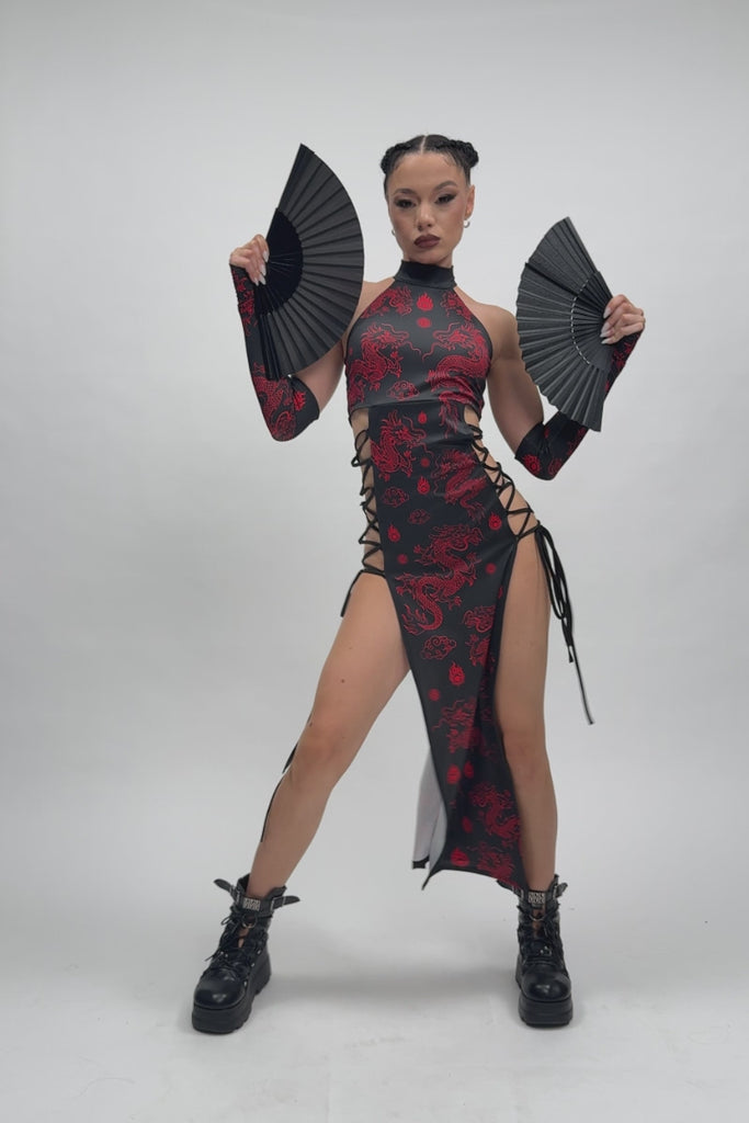 Dragon Dynasty Side Lace Up Maxi Dress Halloween Style