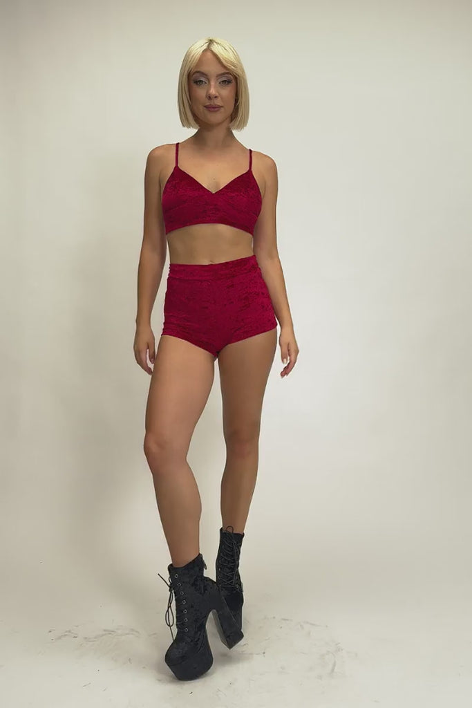 Crimson Kiss High Rise Booty Shorts Set - Red Velvet Pole Dance Outfit