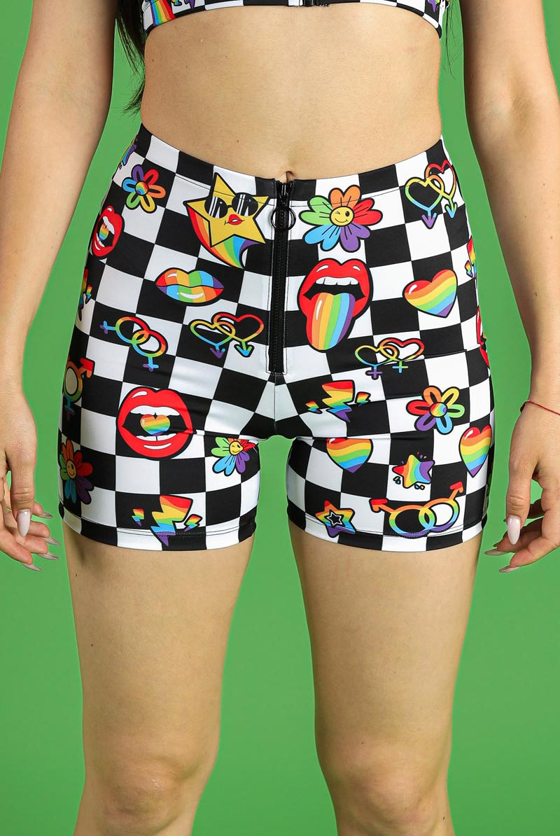Pride Stickerbomb Front Zip Biker Shorts Close View