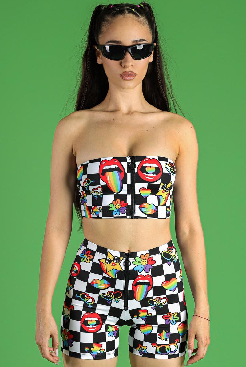 Pride Stickerbomb Front Zip Biker Shorts Front View