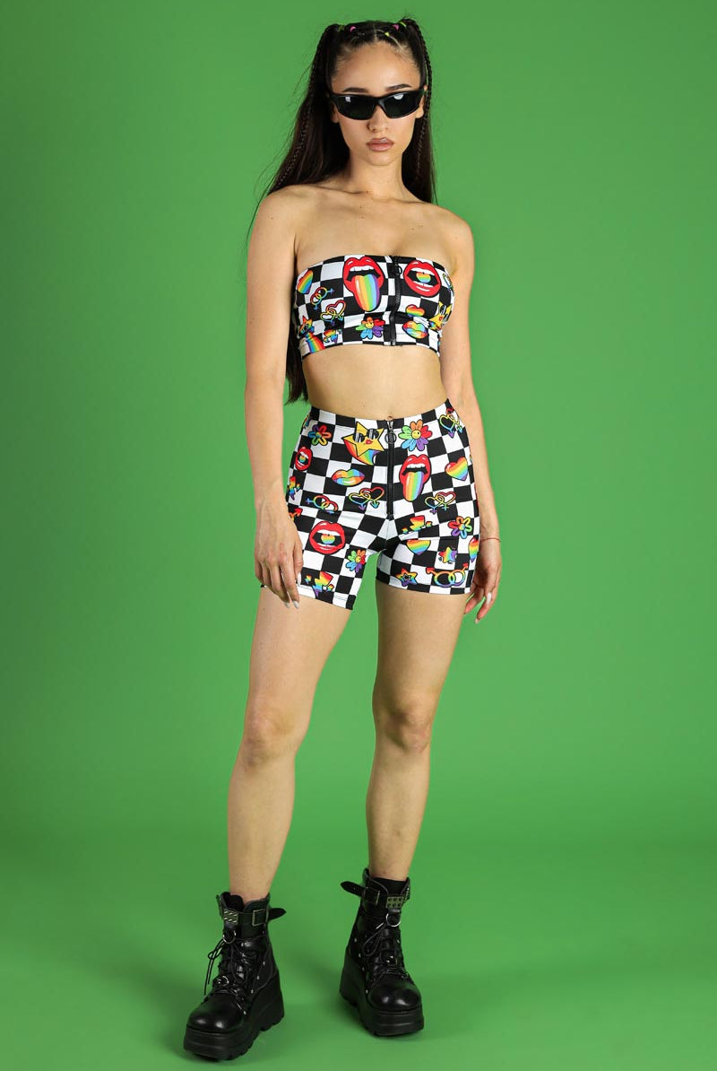 Pride Stickerbomb Front Zip Biker Shorts Full View