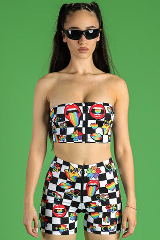 Rave Outfit Pride Stickerbomb Front Zip Biker Shorts Set Front View