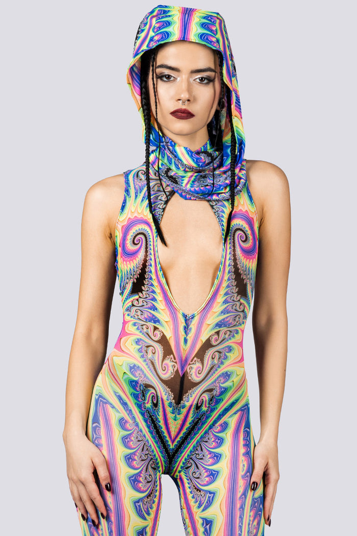 Rave Outfit Psychedelica Mesh Cut Out Jumpsuit Close View