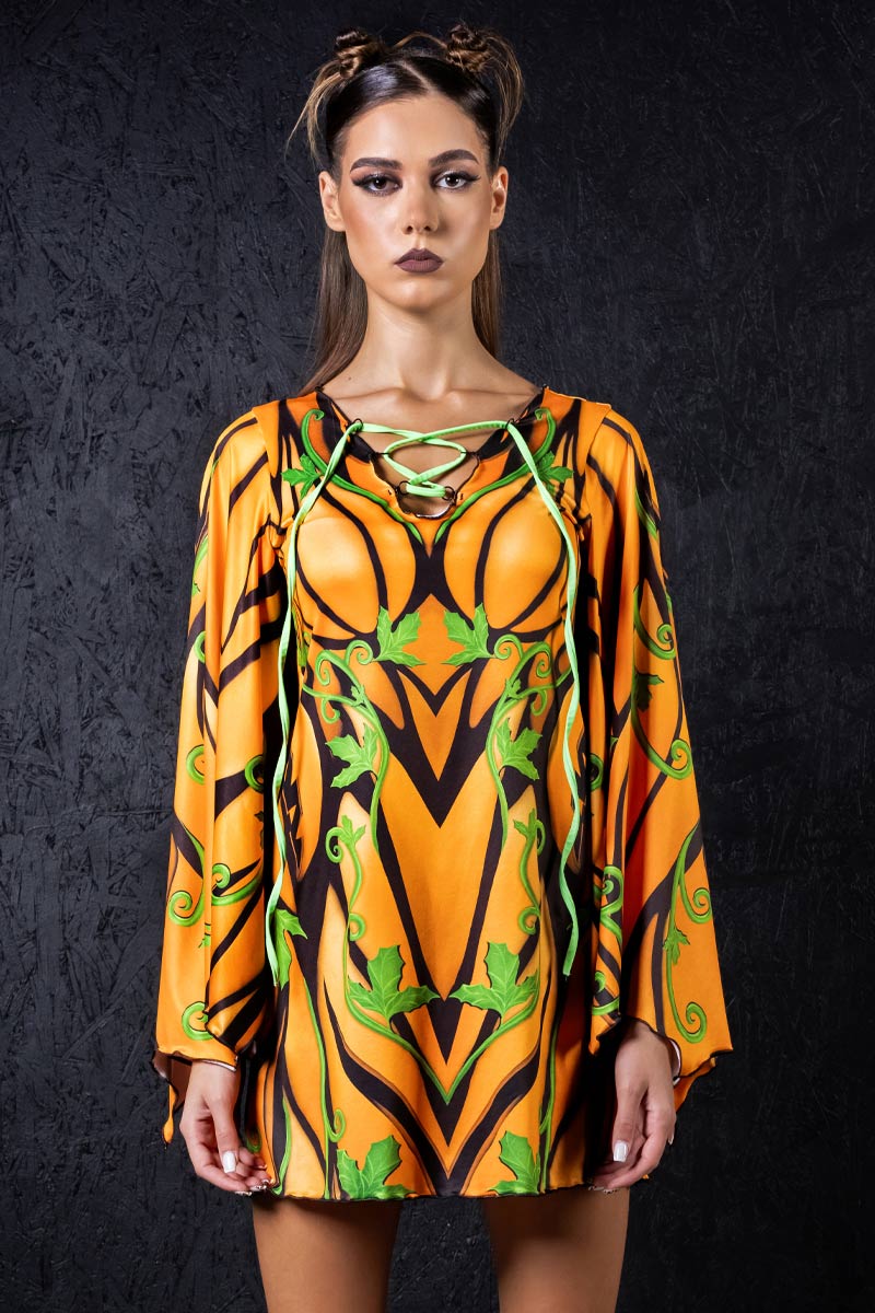 pumpkin-bell-sleeve-dress-close-view