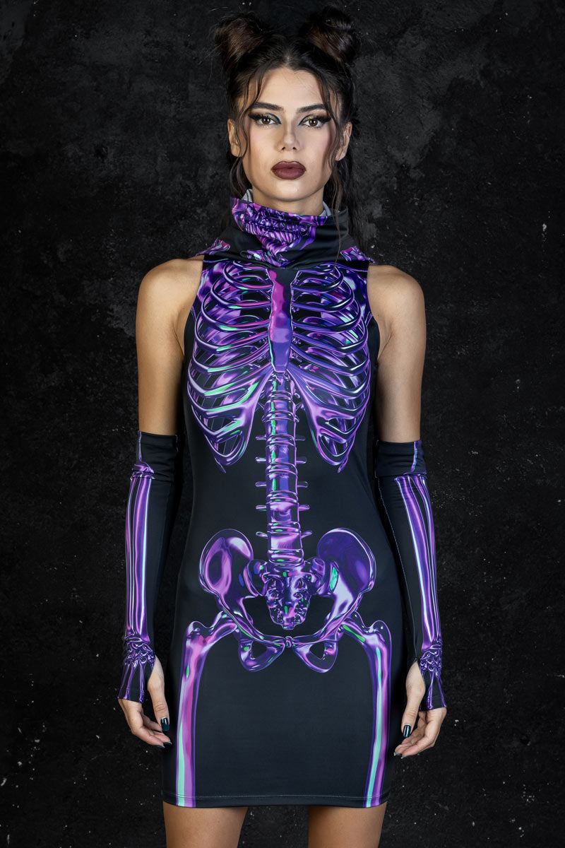 Purple Skeleton Hooded Dress with Mask