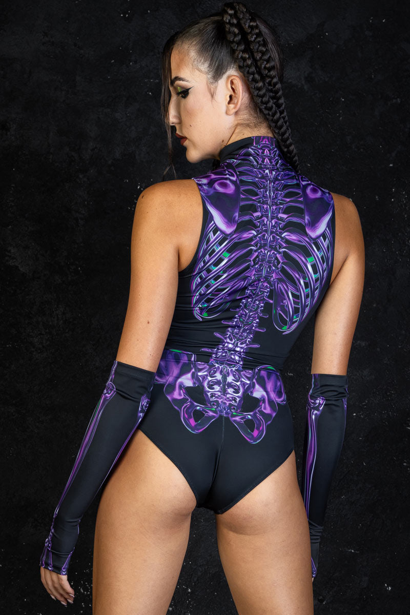 Purple Skeleton Sleeveless Bodysuit Back View